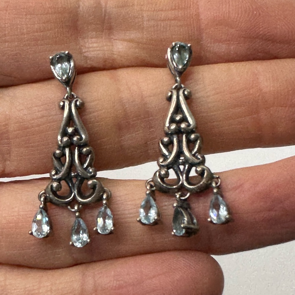 Sterling Silver Aquamarine Waterfall Earrings Ornate Dangle‎ Drop 925 Gemstone